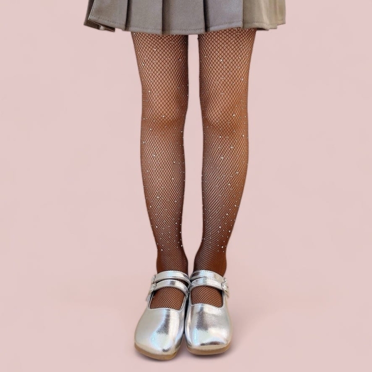 dekliške mrežaste nogavice, nogavice z bleščicami, otroška praznična moda, udobne nogavice za otroke, rjave nogavice, nogavice za prvo obhajilo, otroške nogavice za rojstni dan, trajnostne otroške nogavice