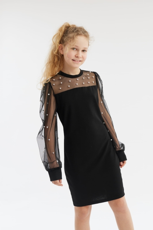 dekliška obleka, črna obleka, elegantna obleka, otroška moda, obleka za posebne priložnosti, dekliška oblačila, biserni detajli, prozorni rokavi