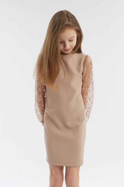 dekliška obleka, elegantna obleka, obleka Vivienne, bež obleka, dekliška moda, obleka za posebne priložnosti, visoka kakovost oblačil, tilasti rokavi, bleščice, udobna dekliška obleka