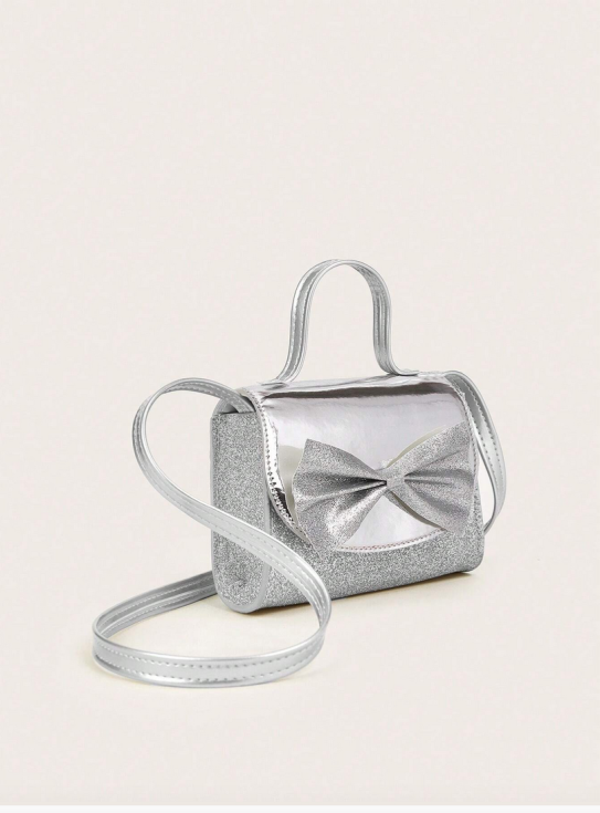 srebrna torbica za deklice, dekliška torbica s pentljo, elegantna torbica za deklice, torbica za posebne priložnosti, modni dodatki za deklice