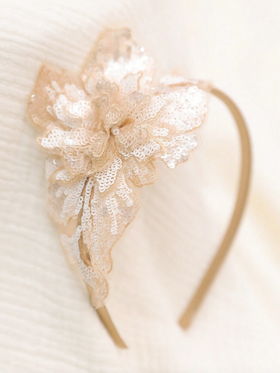 trak za lase, zlati trak za deklice, cvetlični trak za deklice, elegantni trak, bleščice, trak za posebne priložnosti, dekliški dodatki za lase