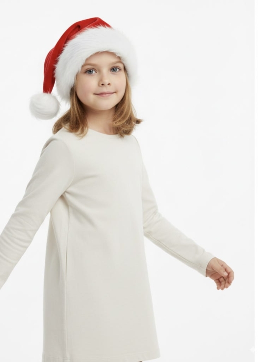 božična kapa Plush Family na deklici z nasmehom