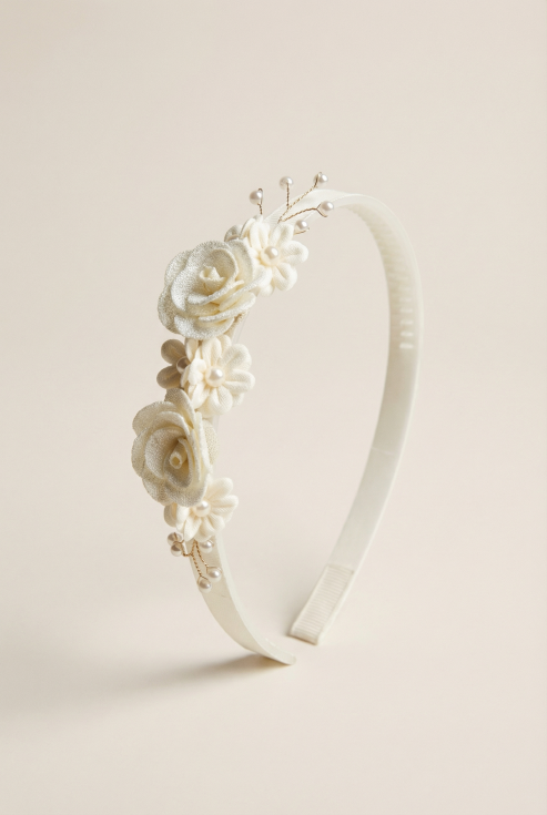 obroč za lase, kremni obroč, cvetlični obroč, dodatki za lase, deklice, poroka, obhajilo, svečani dodatki