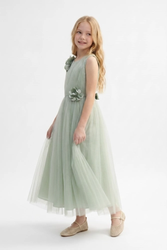 Dolga svečana obleka Bella za deklice – žajbljevo zelena s 3D cvetovi