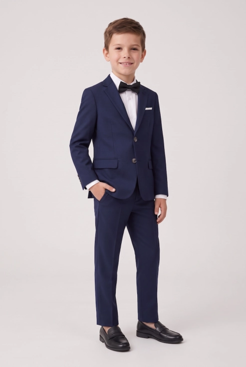 Mornarsko modri komplet za fante Sam s suknjičem, hlačami in črnim metuljčkom – fant od spredaj, cela postava
